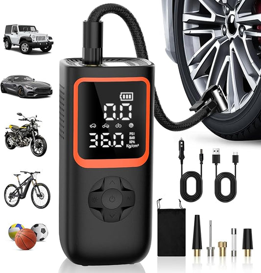 Tire Inflator Portable Air Compressor - 150PSI Cordless Air Pump for Car Tires with Pressure Gauge & LED Light, 3X Faster Inflation Electric Air Compressor for Car Bikes, Motorcycle, Ball