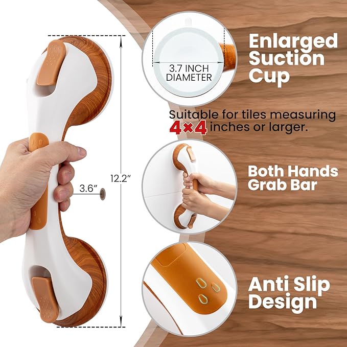 TAILI Shower Grab Bar, 2 Pack 12 Inch Suction Grab Bars for Bathtubs and Elderly, Shower Handle for Seniors Bathroom Safety Grip, No Drilling Removable,Wood Grain