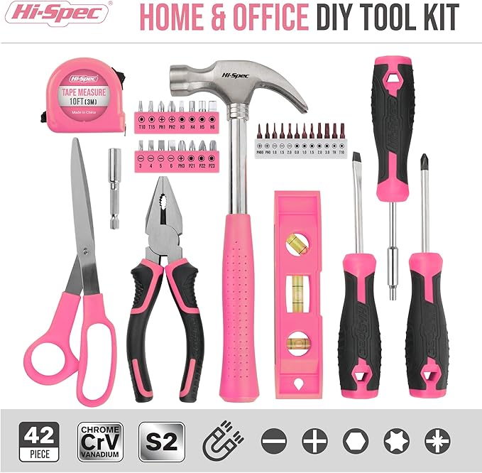Hi-Spec 42pc Small Tool Box Set for Women. Home, Office and College Dorm Household DIY Screwdriver Toolkit of Starter Basic Ladies Pink Tools