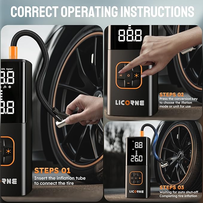 Tire Inflator Portable Air Compressor, 5X Faster Portable Air Pump for Car Tires with Powerful Battery, 180PSI Cordless Air Pump with Digital Pressure Gauge for Cars, Bike & Motorcycle Tires, Ball