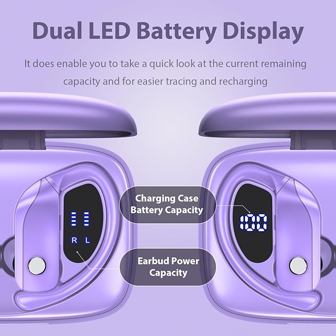 bmanl Wireless Earbuds Bluetooth Headphones 48hrs Play Back Sport Earphones with LED Display Over-Ear Buds with Earhooks Built-in Mic Headset for Workout Purple