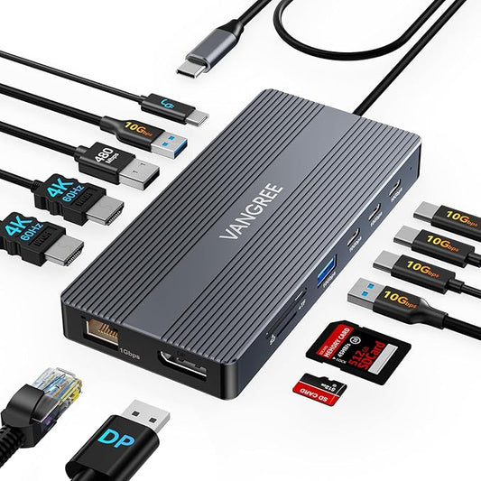 USB C Docking Station, 14 in 1 USB C Hub Multiport Adapter, Triple Display 3 Monitors with Dual 4K@60Hz HDMI+DP, 100W PD, 5xUSB A/C 10Gbps, Ethernet, SD/TF, Audio Ports for Laptop/Lenovo/Dell/HP