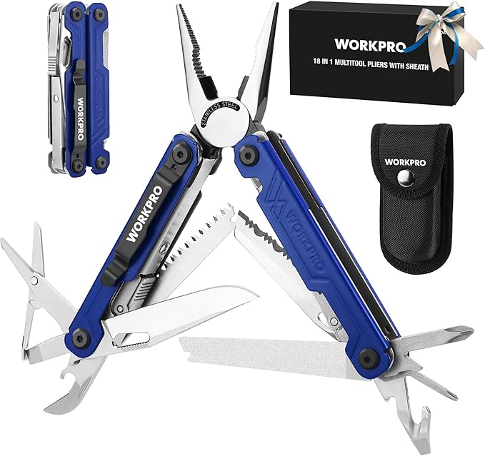 WORKPRO 18-in-1 Multi Tool Pliers, Gifts for Dad, Stainless Steel EDC Multitool with Pocket Knife, 2 Safety Locks, Belt Clip and Oxford Pouch, Multipurpose Utility Multiuse Tool for Outdoor Activities