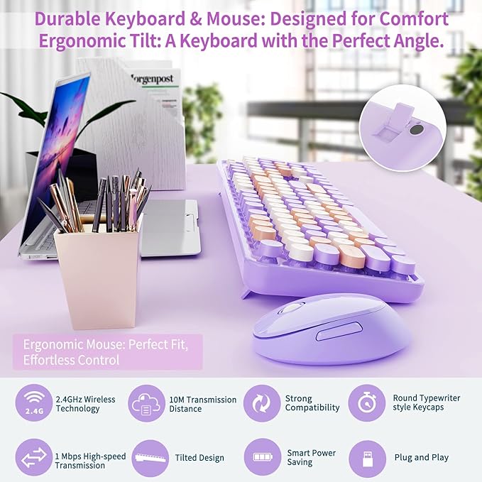 Wireless Keyboard and Mouse Combo, Retro Typewriter Keyboard with Round Keycaps, Full-Size Ergonomic, Purple, Ideal for Windows PC, Home, Office, and College