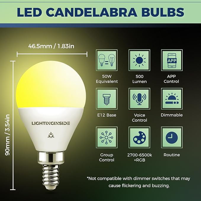 Matter E12 Smart Light Bulbs 50W Equivalent 5W 550LM, Compatible with Alexa/Siri/Apple Home/Google Home/SmartThings, G16.5 RGBCW Candelabra Ceiling Fan Bulb, 2.4G WiFi, ETL Listed, 2PCS