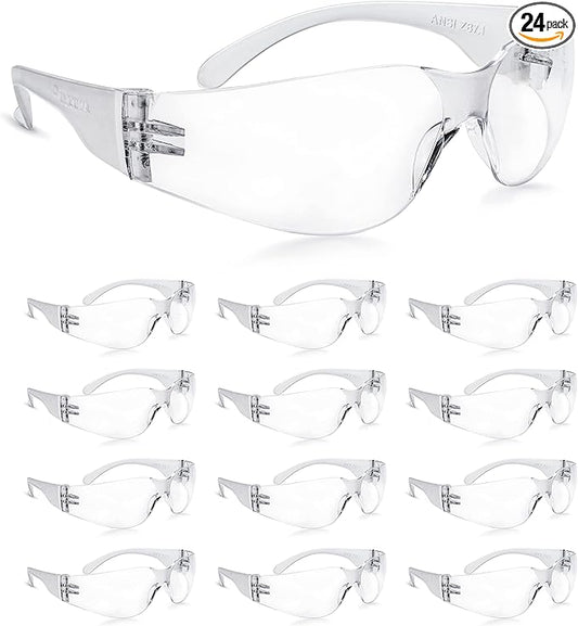 amoolo Clear Safety Glasses Bulk of 24, Protective Eyewear for Men Women, ANSI Z87.1 Impact Resistant Eye Protection for Work, Lab, Construction