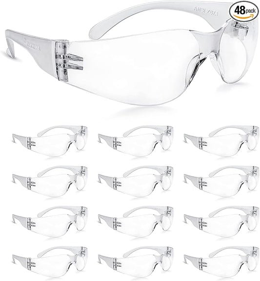 amoolo Clear Safety Glasses Bulk of 48, Protective Eyewear for Men Women, ANSI Z87.1 Impact Resistant Eye Protection for Work, Lab, Construction
