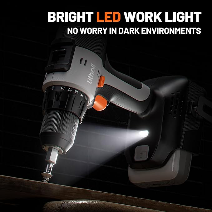 Litheli 20V Cordless Drill Driver, Electric Power Drill with 2 Variable Speed Settings, 1/2 Inch Keyless Chuck, 21+1 Clutch Settings with Maximum Torque of 443 In-lbs (Charger not Included)