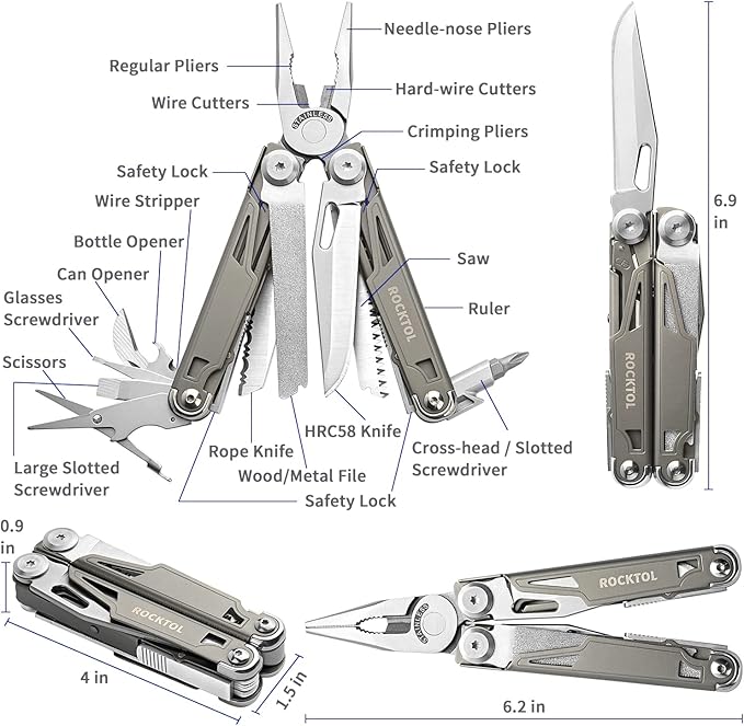 Multitool,19-in-1 Multitool Pliers with Titanium-plated Handle, Safety Locking, Lightweight EDC Tool and Nylon Sheath for Men,Outdoor Survival,Hiking,Camping