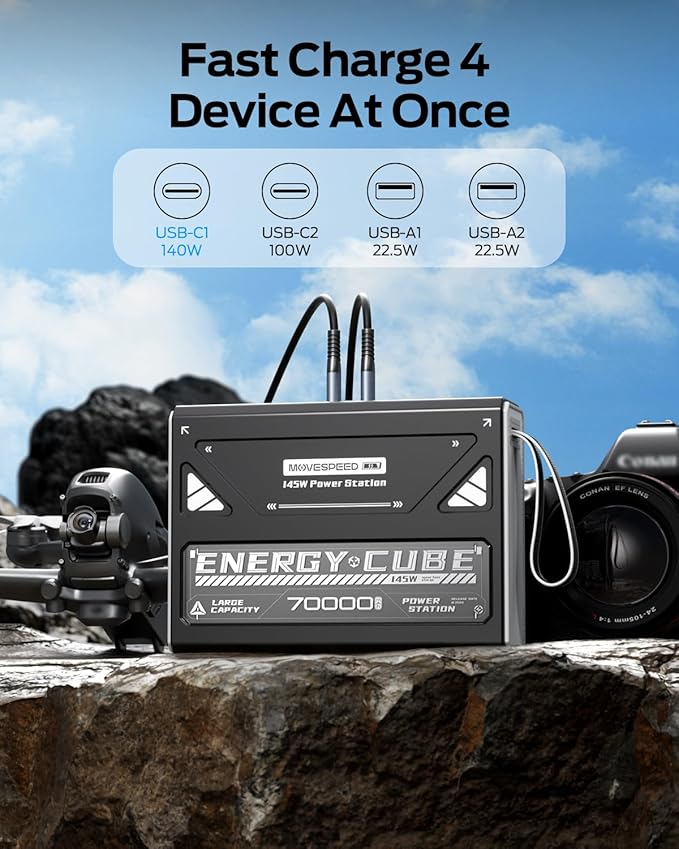 MOVE SPEED Portable Power Station 70,000mAh 260Wh Power Bank for Camping Essentials, 145W Small Generator Laptop Portable Charger, USB C Battery Pack with Flash Light, Home Backup Outdoor Emergency