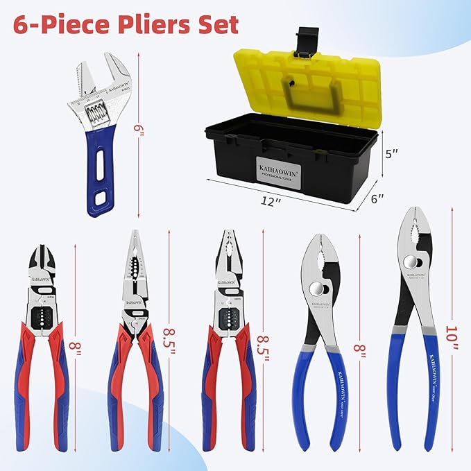KAIHAOWIN 6-Piece Tool Set with Case, 8.8” Long Nose, 8.8” Linesman, 8” Diagonal, 6“ Adjustable Wrench, 8”&10” Slip Joint Pliers for Repairing & Home Use