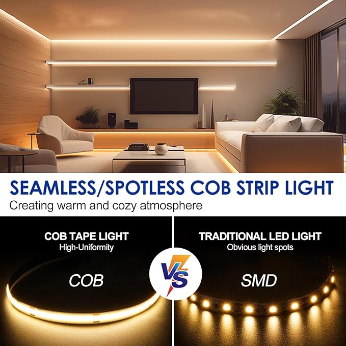 COB LED Strip Light 12V 8W/M 16.4ft/5m 320LED/M 4000K CRI90+ Flexible High Density LED Tape Lighting for Indoor Home Cabinet,Bedroom,Kitchen,DIY Lighting Project(No Adapter or Controller)
