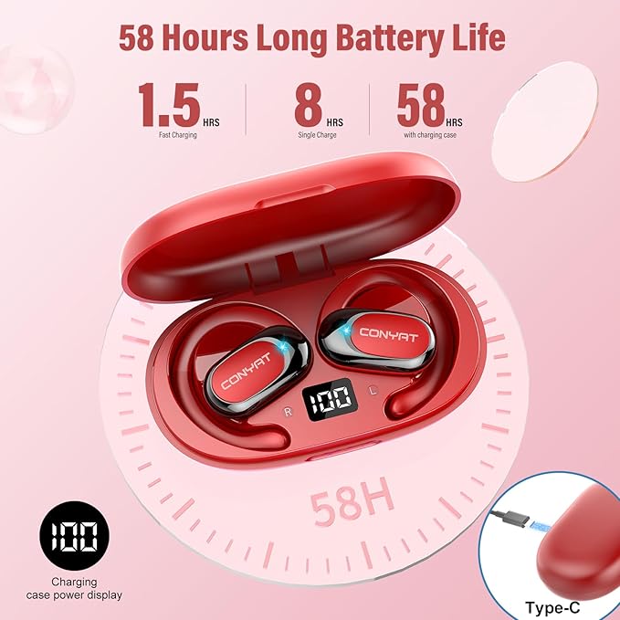 Open Ear Headphones, Wireless Bluetooth 5.4 Earbuds with Big Earhooks, Ultra-Comfort Open Ear Earbuds, 58 Hours HD Stereo Sound Over Ear Earphones, IP7 Waterproof Headset for Workouts, Red