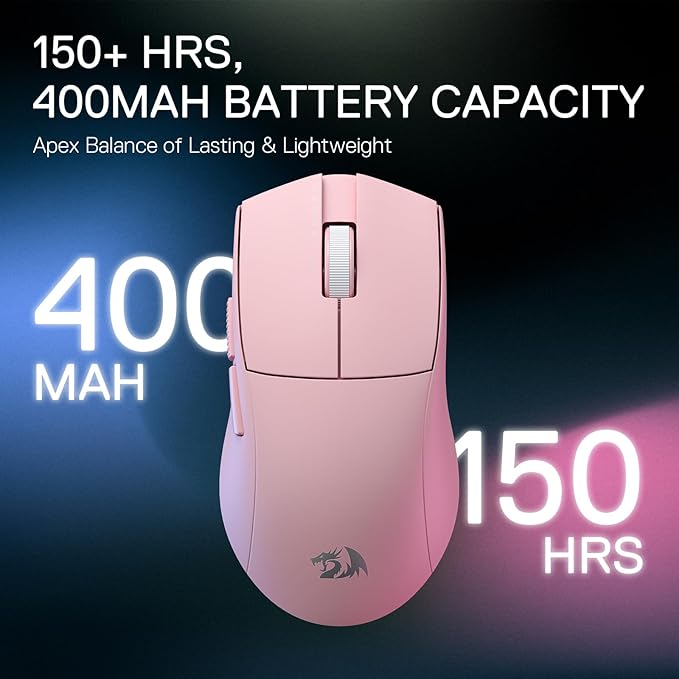 Redragon M916 PRO 3-Mode Wireless Gaming Mouse, 49G Ultra-Light 26K DPI Mouse w/Ergonomic Natural Grip Build, Full Programmable Buttons, Software Supports DIY Keybinds & DPI (1K Hz, Pink)