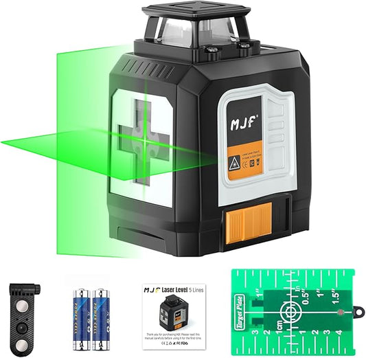 MJF 360° Laser Level, Green Self Leveling Cross Line Laser Tool with 4 Brightness Adjustment for Floor Tile Wall Construction, L-Bracket, Batteries & Carry Bag Included