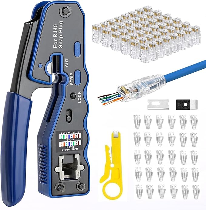 RJ45 Crimping Tool Kit - Pass Through Crimper Cutter Stripper for Cat5 Connectors, with 50PCS Pass Through Cat6 Connectors, 30PCS Covers
