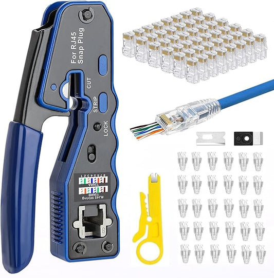 RJ45 Crimping Tool Kit - Pass Through Crimper Cutter Stripper for Cat5 Connectors, with 50PCS Pass Through Cat6 Connectors, 30PCS Covers