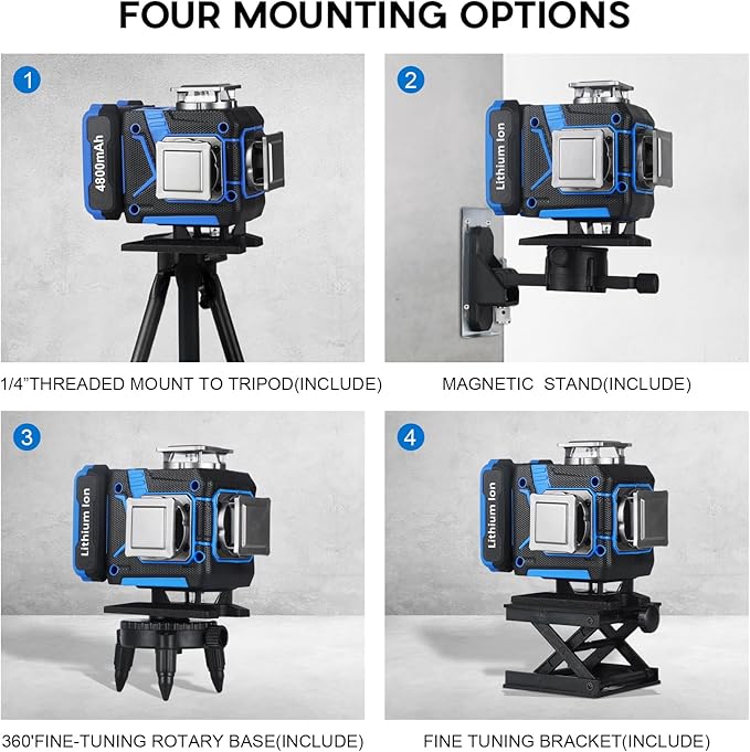 Laser Level with Tripod, AZZUNO 4x360 Laser Level 360 Self Leveling for Picture Hanging, Rotating Laser Covers Green Line Laser with 2x4800mAh Li-ion Battery, Ideal for Outdoor, Construction, Tile