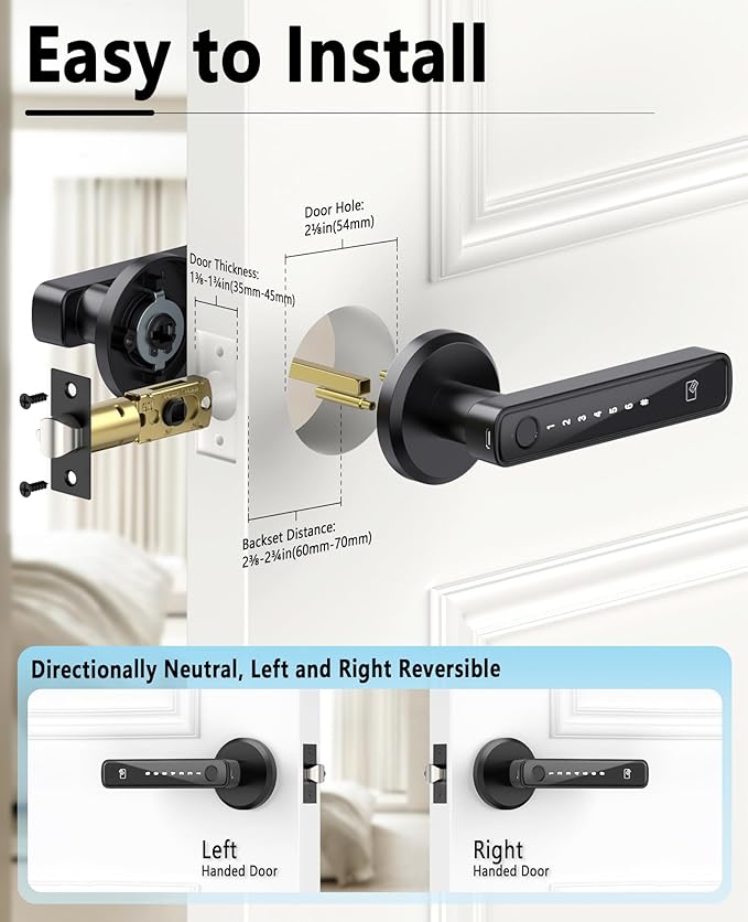Asidrama Smart Fingerprint Door Lock with Keypad Handle - Keyless Entry via Biometric, APP, Code, Keys & Card for Bedroom, Office, Hotel, Apartment - Black
