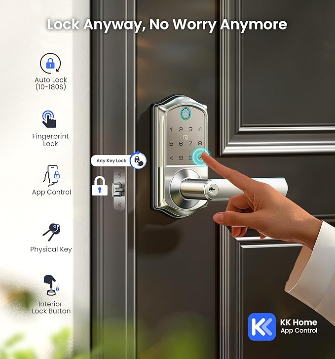 Veise VE019 Fingerprint Smart Lever Lock - APP Control, Keypad Door Lock with Handle, Keyless Entry for Front Door and Bedroom, Electronic Digital Knob, Remote Grant, IP55 Weatherproof, Satin Nickel