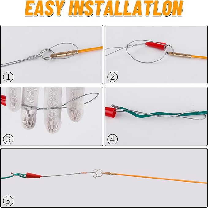 KOOTANS 33FT Fiberglass Running Electrical Wire Cable Glow Rods Wire Pulling Tools Fish Tape Wire Puller Through Wall Cable Snake Fish Rods Kit with Different Attachments