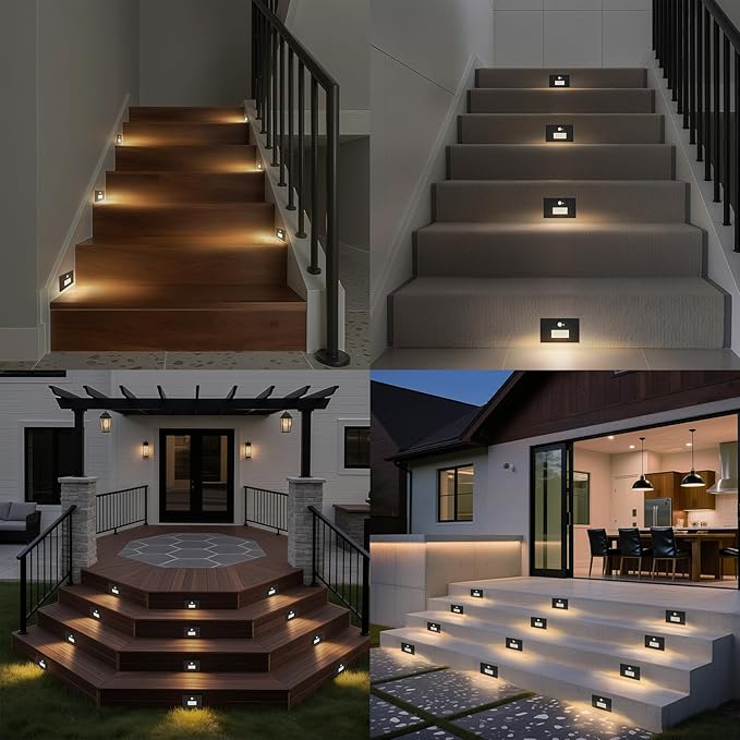 Motion Sensor Stair Lights Indoor Outdoor, 5CCT Dimmable LED Step Lamp with Switch, 4W 300LM, 2700K-6500K, IP66 Waterproof Hardwired 120V Stairway Staircase Walkway Lighting- Black, 12 Pack, ETL