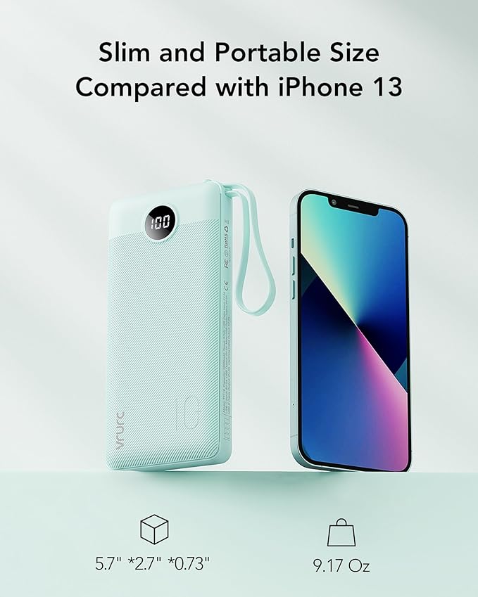 VRURC Portable Charger Power Bank, 10000mAh Travel Essentials Battery Pack, 5 Outputs 2 Inputs Slim Charging Bank Built-in Cables Cords Wires Compatible with iPhone,Samsung,Android-Green(1 Pack)