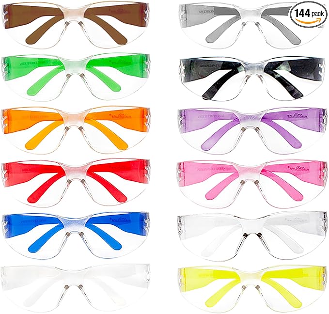 BISON LIFE Clear Lens Color Temple Safety Glasses | One Size, Adult, Youth, Clear Protective Polycarbonate Lens Color Temple, Verity, 144 PAIRS