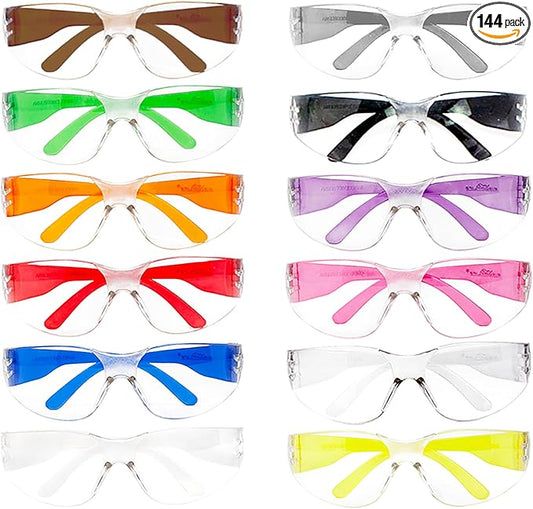 BISON LIFE Clear Lens Color Temple Safety Glasses | One Size, Adult, Youth, Clear Protective Polycarbonate Lens Color Temple, Verity, 144 PAIRS