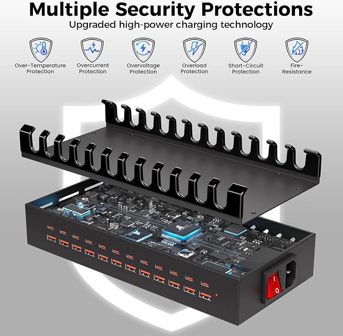 300W USB Charging Station for Multiple Devices, 24 Port USB ~C Fast Charging Station, Multi Device Charger Station Organizer Compatible with Tablet, Laptop, Cellphone, iPhone, iPad and More