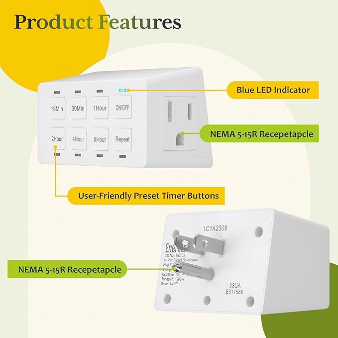 TG 8-Hour Indoor Countdown Plug-in Timer, Timer for Electrical Outlets, 15-30 Min 1-2-4-8 Hour, UL Listed, for Fans or Lights, 1/4 HP, White