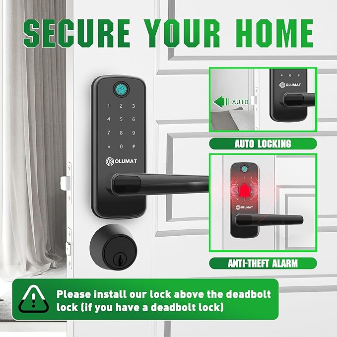 Smart Door Lock, OLUMAT Keyless Entry Door Lock Fingerprint Door Lock with Keypad Digital Lock with Handle for Home, Rental, Garage, Office and Hotel