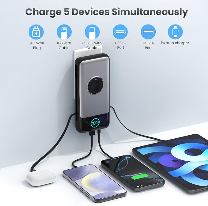 Portable Charger 26800mah for iPhone with Built-in Cables & AC Wall Plug,6-in-1 USB C Power Bank with iWatch Charger,25W PD Fast Charging Battery Pack for iPhone16/15/14/ 13/12,Android,Apple Watch etc