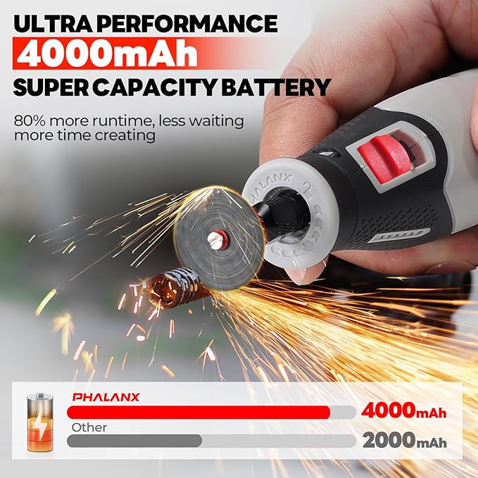 Rotary Tool - 4V Rotary Tool Cordless, PHALANX Rotary Tool Accessories 80 PCS 4000mAh Li-Ion Battery, Preset 9 Speed Adjustment Grinder Tool for Cutting Sanding Carving Polishing Engraver DIY Crafts