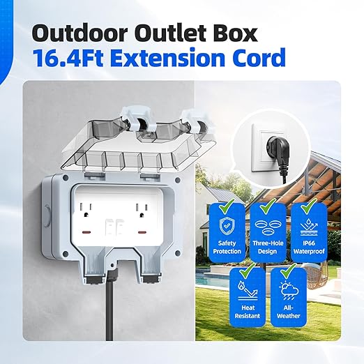 Outdoor Power Outlet Box with 16.4Ft Extension Cord, NEMA 5-15R, IP66 Waterproof Outlet Box 14AWG Wire Double Plug Socket with Lockable Cover & LED Indicator for Garden & Outdoor Use