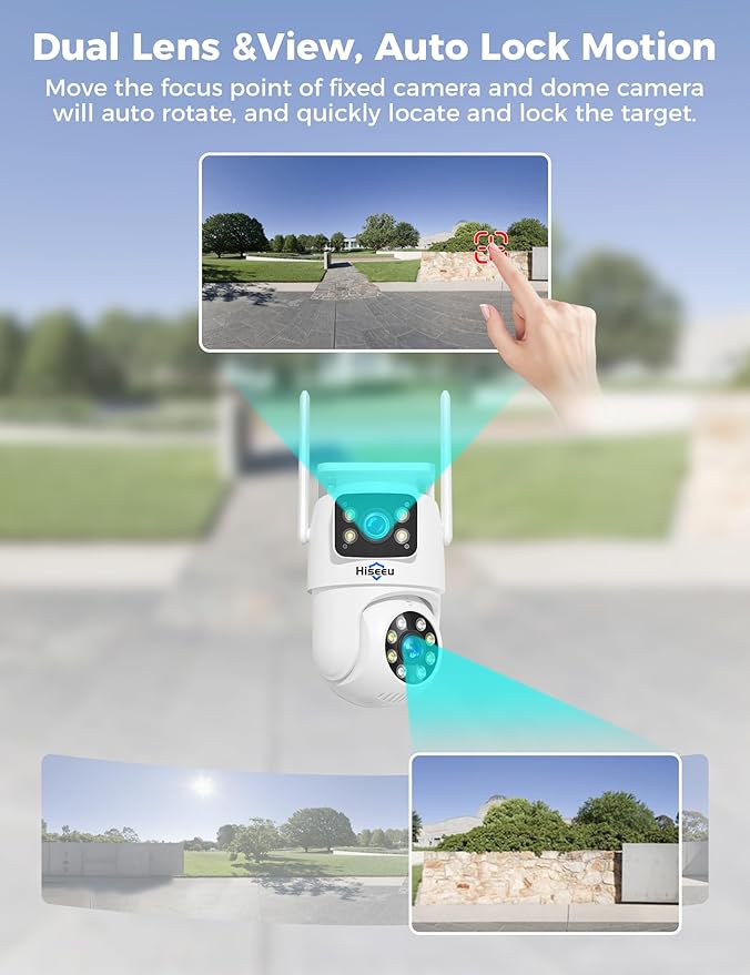 Hiseeu Wireless Security Camera, 5G/2.4G WiFi,Dual Lens View, Pan-Tilt- Zoom Control, Full Color Night Vision, Smart Motion Detection, Auto Track,Two-Way Audio, IP66 Waterproof, Plug-in Cable