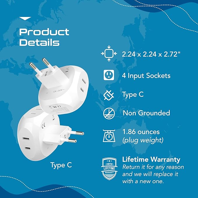 Ceptics European Travel Plug Adapter Europe Power Adaptor Charger 4 Input - Ultra Compact - Light Weight - USA to Any Type C Countries Such as Italy, Iceland, Austria and More - 2 Pack (PT-9C)