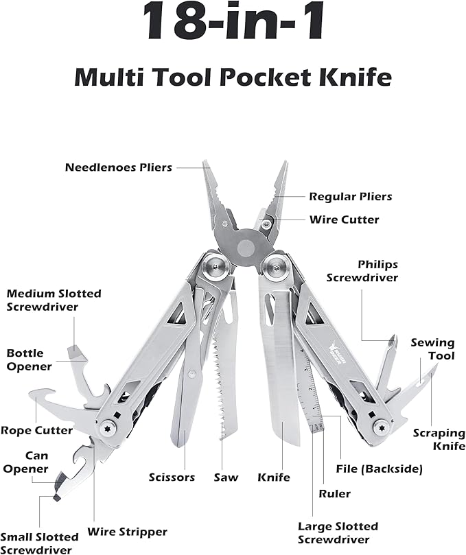 RUSH DEER Multi-Tool 18-in-1 Essential Survival Tools and Multitools Plier- Versatile Camping Tool Kit-Gift for Men-ultimate versatile toolkit For DIY, Outdoor (Sliver)