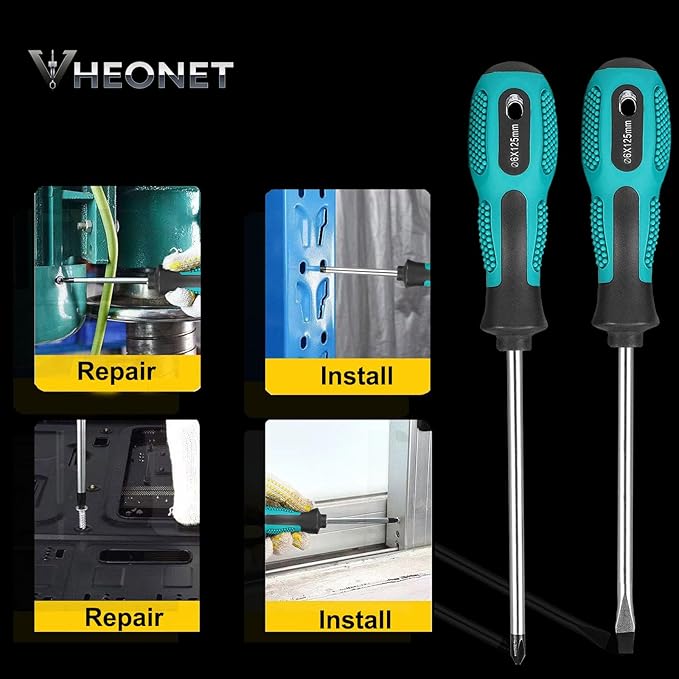 Magnetic Screwdriver Sets 6 PCS, Screwdriver Set with Bag,Flat Head Phillips Screwdriver, Non-Slip Cushion Grip for Repair Home Improvement,Green & Black