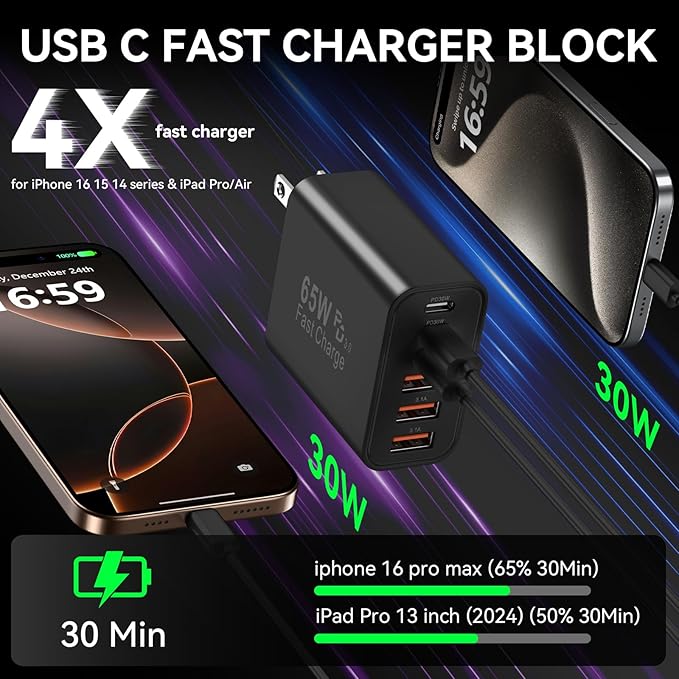 USB C Fast Charger Block, 65W GaN 6 Port USB C Wall Charger 30W Type C Charging Blocks, 3USB C+3USB A PPS/PD 3.0 Multiport Charging Cube for iPhone 16 15 14 13 Pro Max,for Galaxy S25 S24,2 Pack,Black