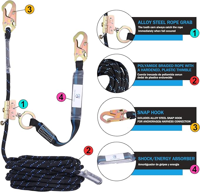 50FT Vertical Lifeline Assembly with Alloy Steel Anti-Panic Rope Grab Snap Hook Shock Absorb Lanyard, Fall Protection Rope Safety Climbing Equipment Roofing Safety Kit, CE ANSI OSHA Rated