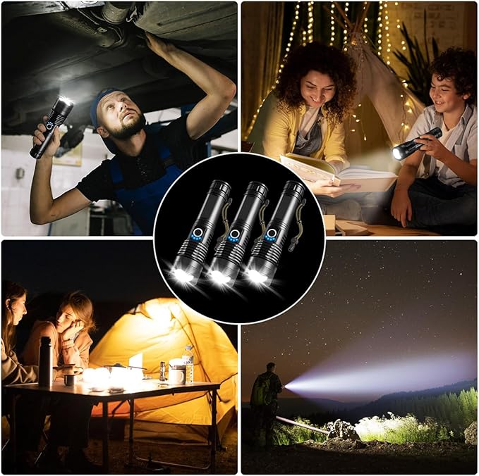 3Pack Rechargeable Flashlights High Lumens, Super Bright Flashlight, 5Modes LED Flashlight Rechargeable, Adjustable Tactical Flashlights High Powered, Flash Lights for Emergency Camping Home