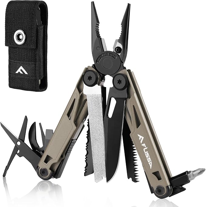 FLISSA Multitool, 15-in-1 Multi Tool Pocket Knife with Sheath, Stainless Steel EDC Multitool Pliers for Men, All-in-One Tools for Camping, Fishing, Survival