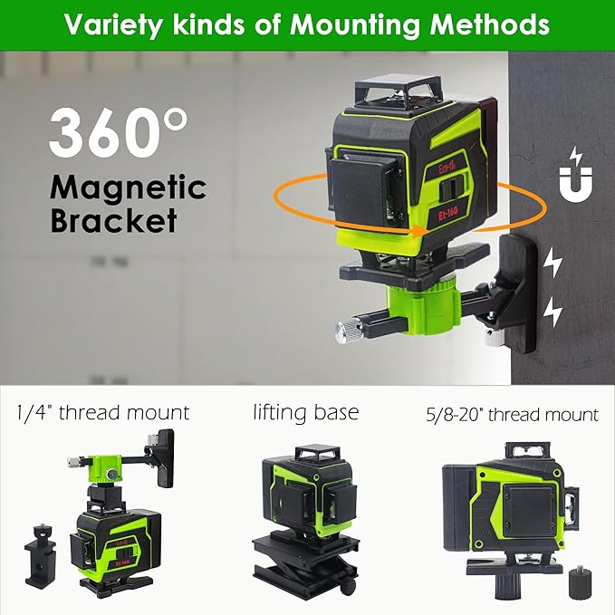 Laser Level 360 Self Leveling,4x360° 16 Lines 4D Green Cross Line Laser with 2 Batteries, Adjustable Brightness & Remote Control for Construction, Tiling, and Picture Hanging