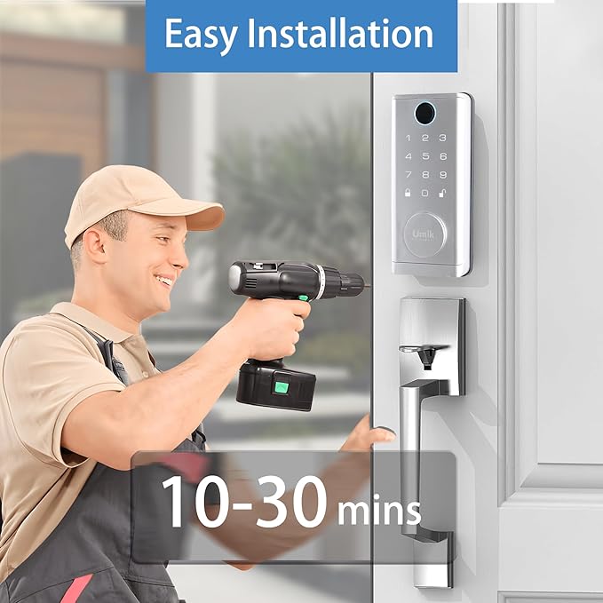 Fingerprint Door Lock with Handle Set, Keyless Entry Smart Door Lock, Electronic Keypad Deadbolt Locks, App Control for Front Door, Home (Matte Silver in Zinc)