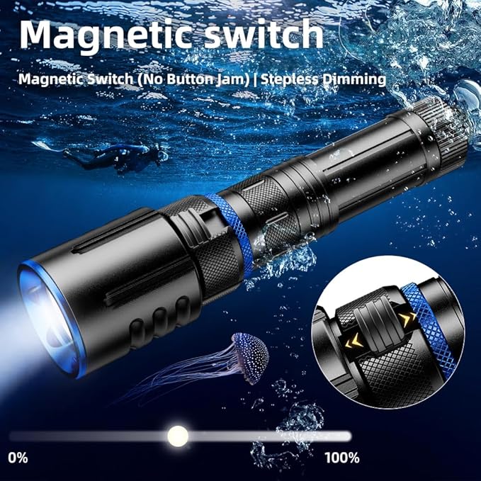 1000 Lumens Dive Light, Waterproof IPX8 100M, Rechargeable LED Flashlight with 11° Beam Angle, Underwater Scuba & Snorkeling Torch for Diving, Caving, and Emergency Use