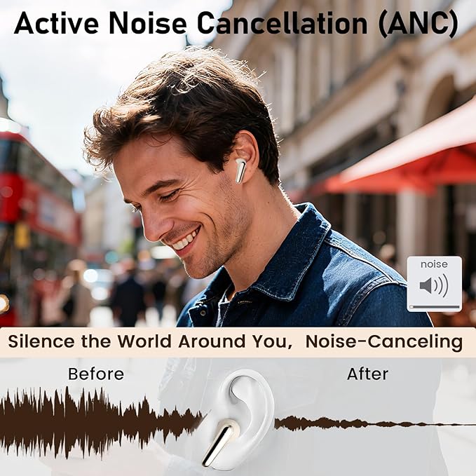 ANC Wireless Earbuds with Big Bass Durable, Lightweight Design for Noisy Factories, Gym, and Travel, Includes 3-Size Tips for Secure Fit
