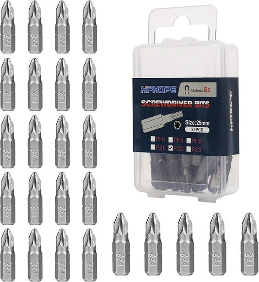 HPHOPE PZ2 Screwdriver Bit Set, Pozi Bits PZ2 1/4" Hexagon Bit (Length: 1", 25 Pack)