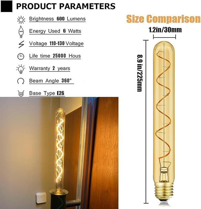 Leools T10 Long Tubular Light Bulb,60 Watt Equivalent E26 Base Amber Vintage Edison Bulb 6W Dimmable Tubular Antique Style Decorative LED Filament Light Bulb, 2200K Warm White,8.9 Inch,Pack of 4