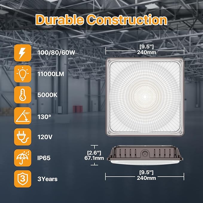 100W LED Canopy Lights with Motion Sensor, Selectable Wattage 100/80/60W IP65 ETL Listed Commercial Canopy Lights for Gas Station Warehouse Garage Shop